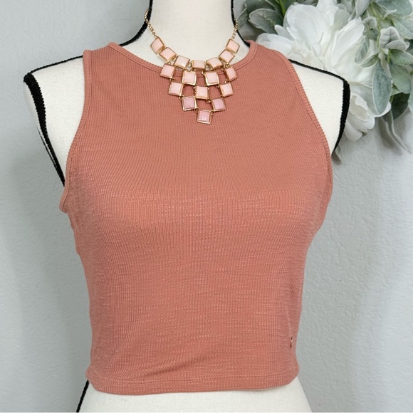 Roxy Ribbed Cropped Tank Top, Cedar Wood Neutral Pale Pink Tan 🌸💗🌸 High Neck - Picture 1 of 11